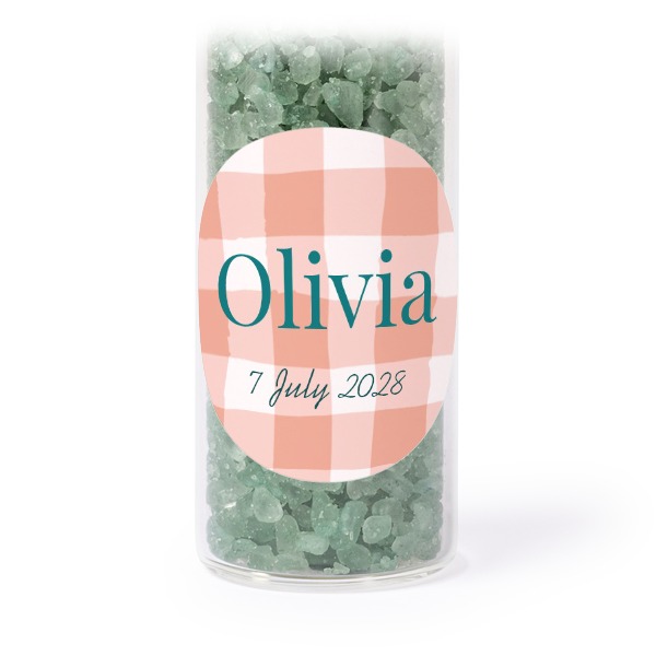 Glazen buisjes met ronde stickers & groen badzout - set van 12