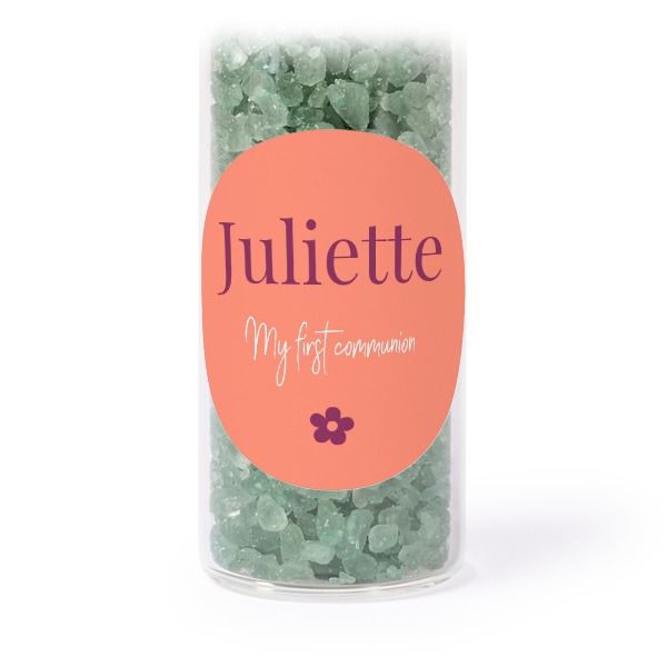 Glass tubes with round stickers & green bath salt - set of 12