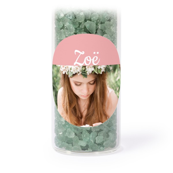 Glass tubes with round stickers & green bath salt - set of 12