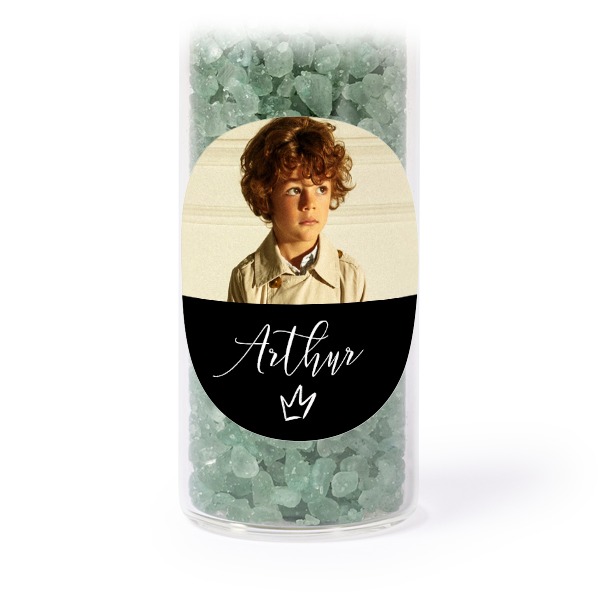 Glazen buisjes met ronde stickers & groen badzout - set van 12 Glazen buisjes met ronde stickers & groen badzout - set van 12
