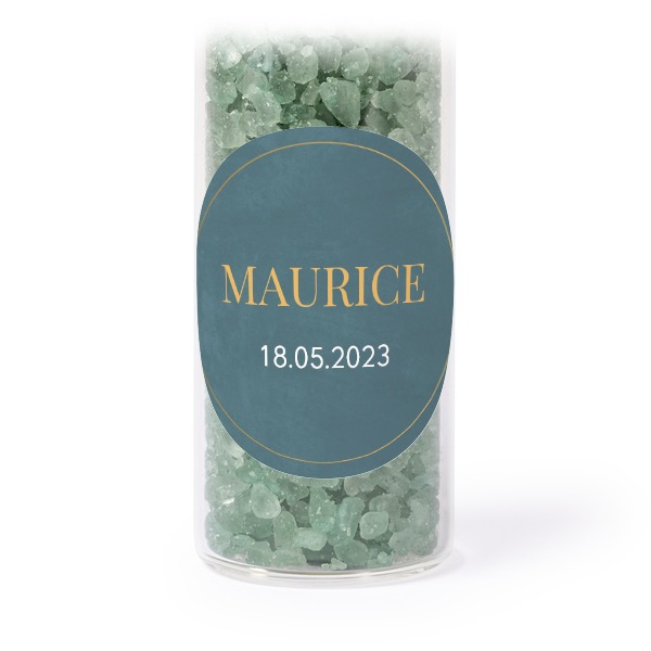 Glass tubes with round stickers & green bath salt - set of 12