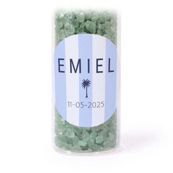 Glazen buisjes met ronde stickers & groen badzout - set van 12