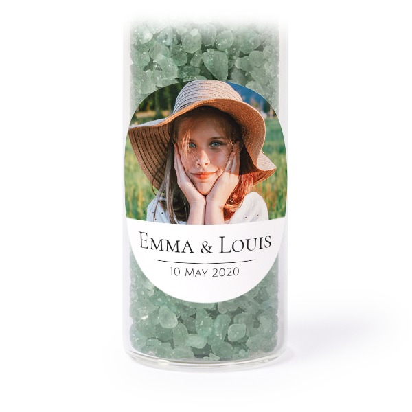 Glass tubes with round stickers & green bath salt - set of 12