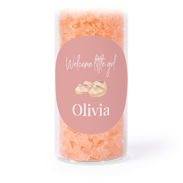 Glazen buisjes met ronde stickers & roze badzout - set van 12