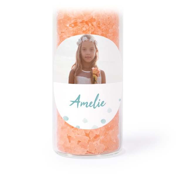 Glass tubes with round stickers & pink bath salt - set of 12