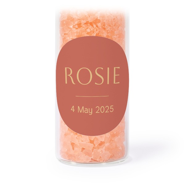 Glazen buisjes met ronde stickers & roze badzout - set van 12