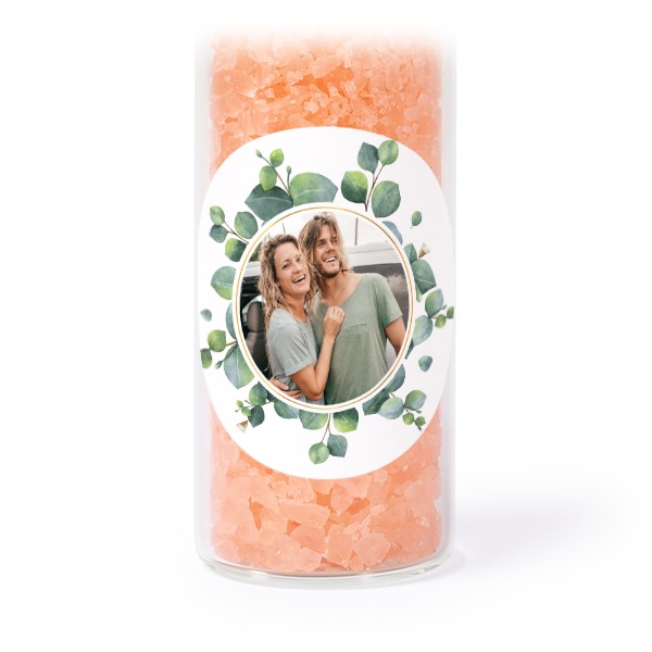Glazen buisjes met ronde stickers & roze badzout - set van 12