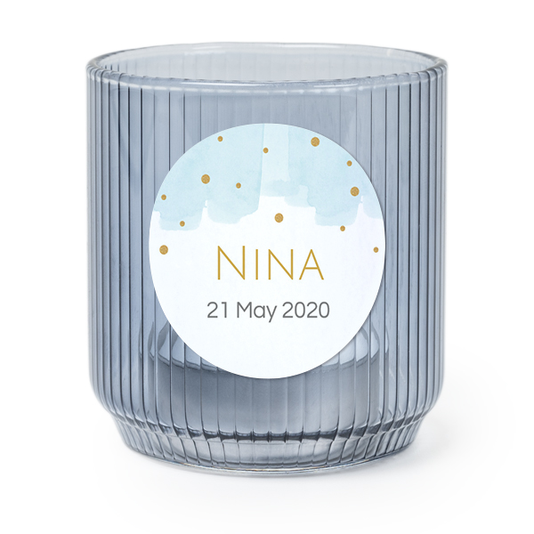 Personalised Blue Glass Tealight Holder with Round Stickers – Set of 6