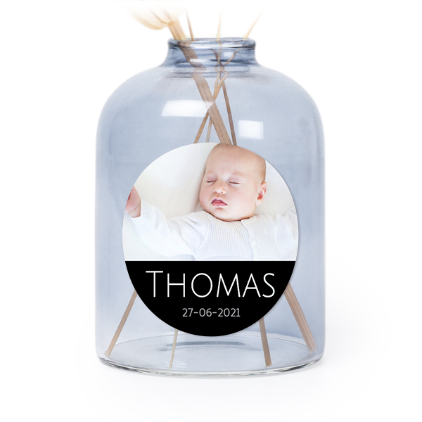 Glazen vaasjes blauw met ronde sticker - set van 6 Glazen vaasjes blauw met ronde sticker - set van 6
