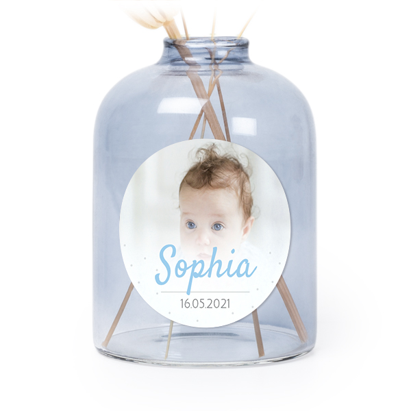 Personalised Blue Glass Vase with Round Stickers – Set of 6