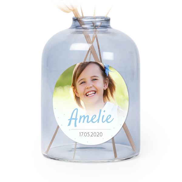Personalised Blue Glass Vase with Round Stickers – Set of 6