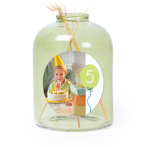 Glazen vaasjes groen met ronde sticker - set van 6 Glazen vaasjes groen met ronde sticker - set van 6