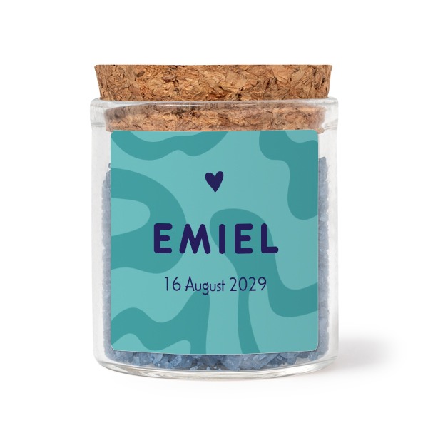 Mini-Glas mit quadratischem Sticker u. blauem Badesalz - 12 Stk.