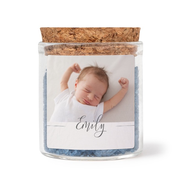 Mini-Glas mit quadratischem Sticker u. blauem Badesalz - 12 Stk.