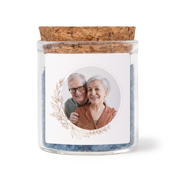 Mini-Glas mit quadratischem Sticker u. blauem Badesalz - 12 Stk.