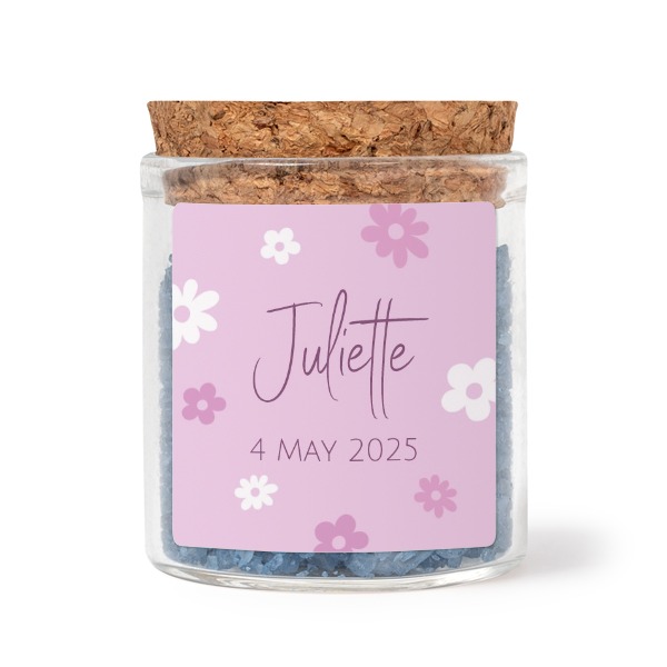 Mini-Glas mit quadratischem Sticker u. blauem Badesalz - 12 Stk.
