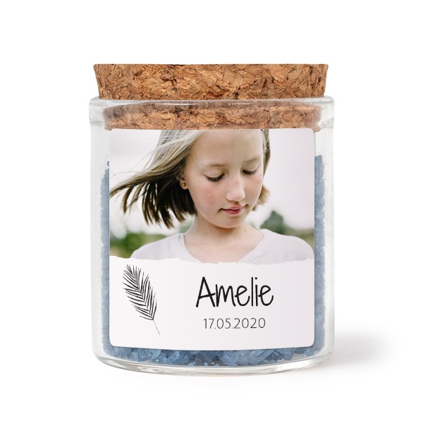 Glazen potjes met vierkante stickers en blauw badzout (set van 12)