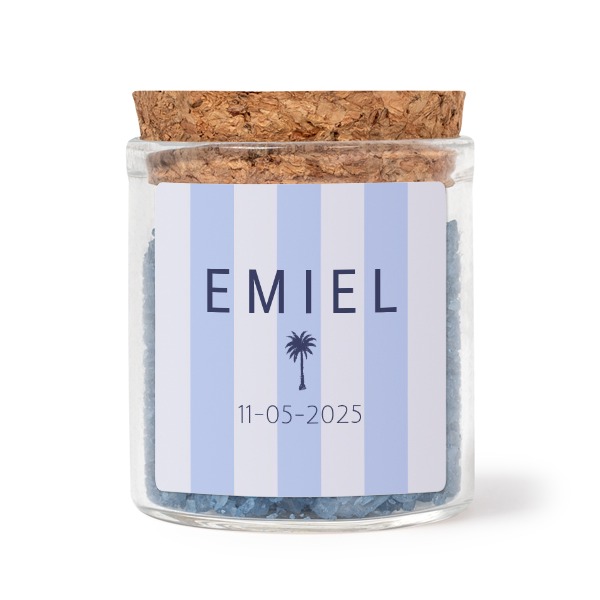 Mini-Glas mit quadratischem Sticker u. blauem Badesalz - 12 Stk.