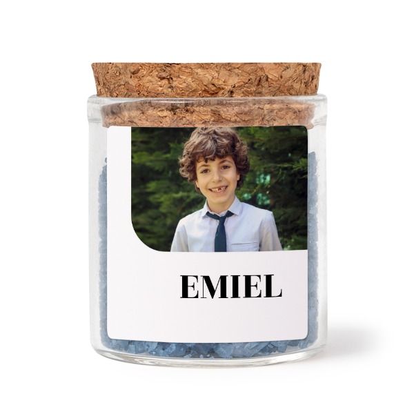 Mini-Glas mit quadratischem Sticker u. blauem Badesalz - 12 Stk.