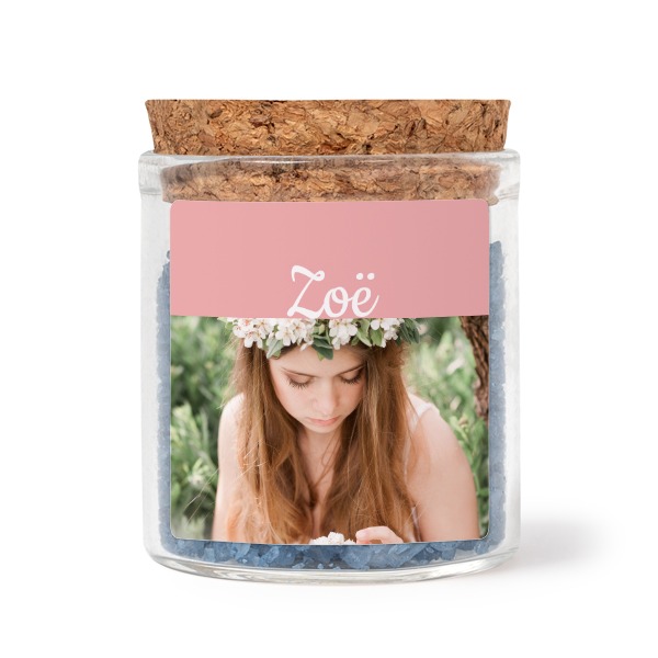 Glass jars with square stickers and blue bath salt - set of 12