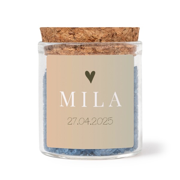Mini-Glas mit quadratischem Sticker u. blauem Badesalz - 12 Stk.