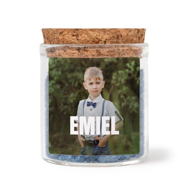 Glazen potjes met vierkante stickers en blauw badzout (set van 12)