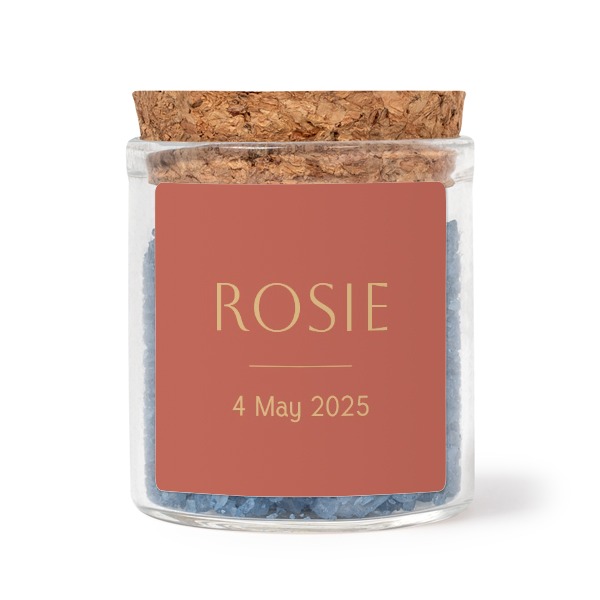 Glass jars with square stickers and blue bath salt - set of 12