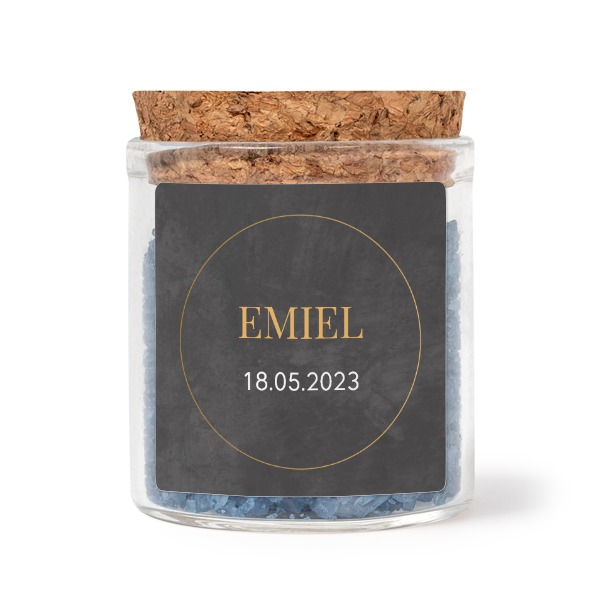 Glass jars with square stickers and blue bath salt - set of 12