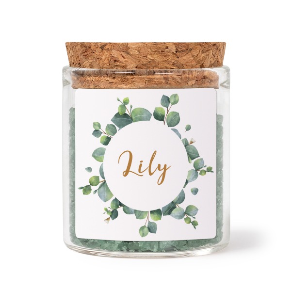 Glazen potjes met vierkante stickers en groen badzout (set van 12)