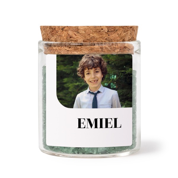 Glass jars with square stickers and green bath salt - set of 12