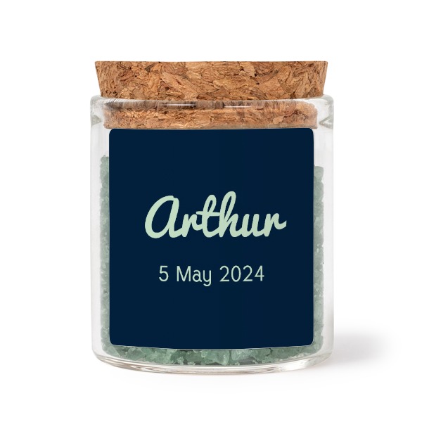 Glass jars with square stickers and green bath salt - set of 12