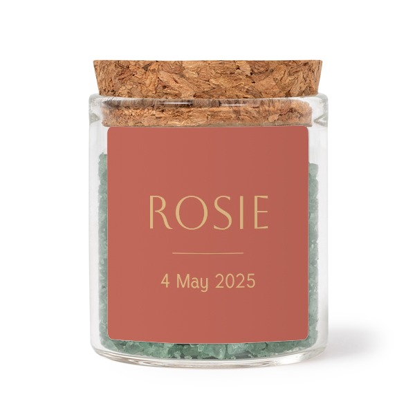 Glass jars with square stickers and green bath salt - set of 12