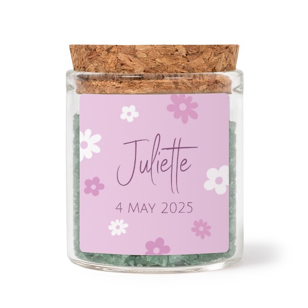 Glass jars with square stickers and green bath salt - set of 12