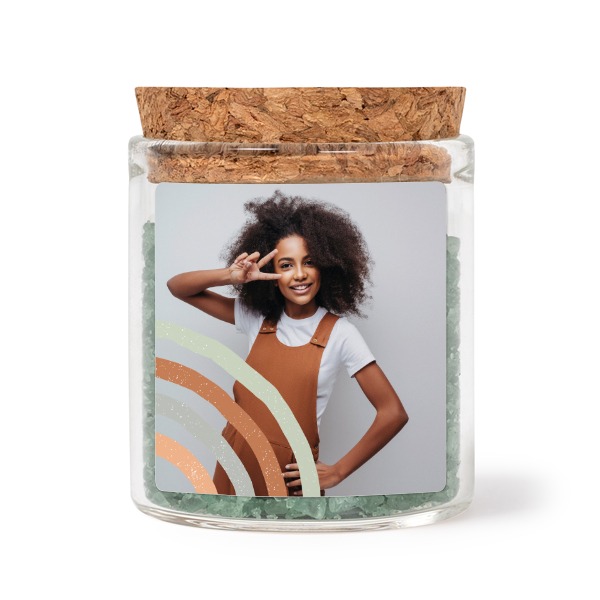 Glazen potjes met vierkante stickers en groen badzout (set van 12)