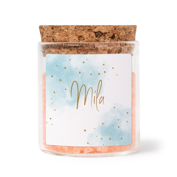 Glass jars with square stickers and pink bath salt - set of 12