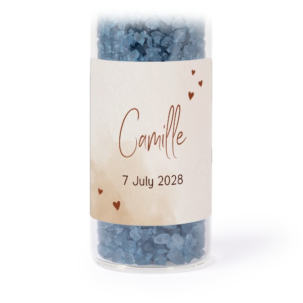 Glazen buisjes met vierkante stickers & blauw badzout - set van 12