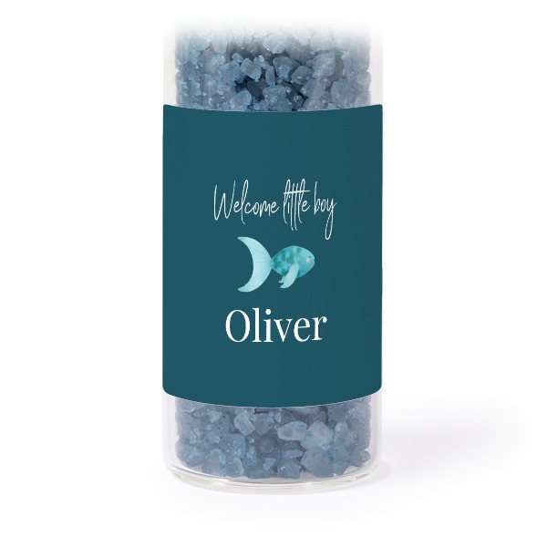 Glazen buisjes met vierkante stickers & blauw badzout - set van 12