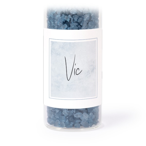 Glass tubes with square stickers & blue bath salt - set of 12