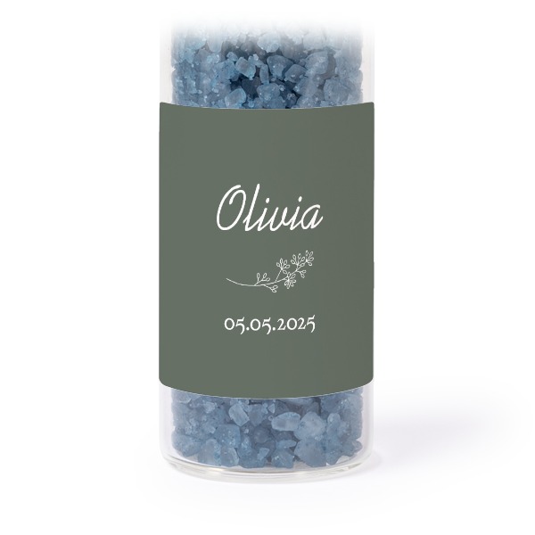 Glass tubes with square stickers & blue bath salt - set of 12