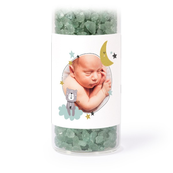 Glazen buisjes met vierkante stickers & groen badzout - set van 12