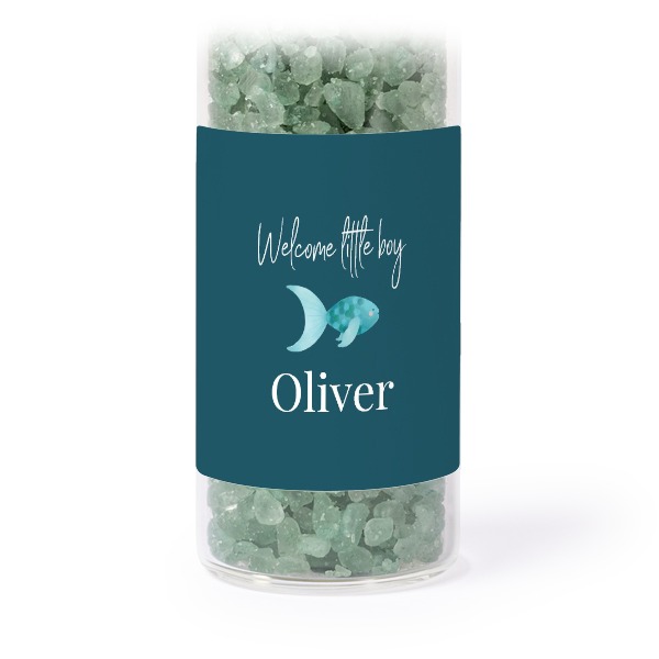 Glazen buisjes met vierkante stickers & groen badzout - set van 12