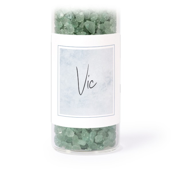 Glass tubes with square stickers & green bath salt - set of 12