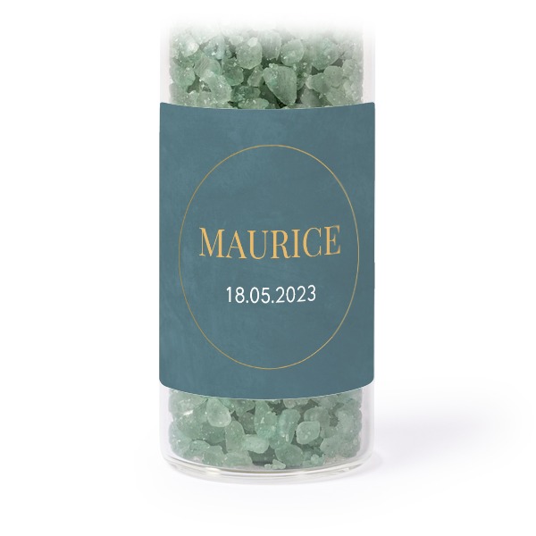 Glass tubes with square stickers & green bath salt - set of 12