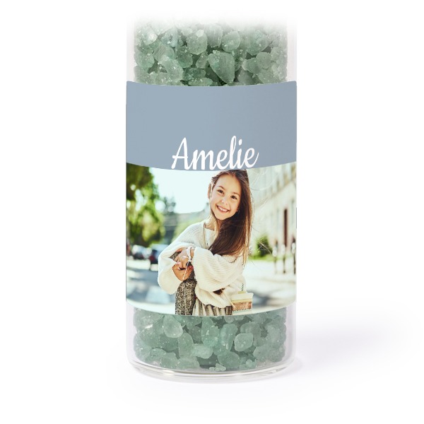 Glass tubes with square stickers & green bath salt - set of 12