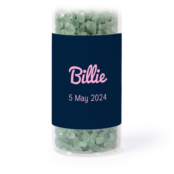 Glass tubes with square stickers & green bath salt - set of 12