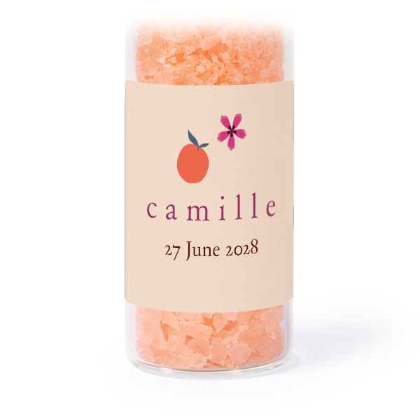 Glass tubes with square stickers & pink bath salt - set of 12