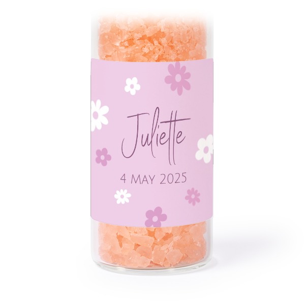 Glass tubes with square stickers & pink bath salt - set of 12