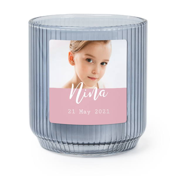 Personalised Blue Glass Tealight Holder with Square Stickers – Set of 6