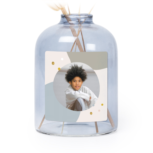Glazen vaasjes blauw met vierkante sticker - set van 6 Glazen vaasjes blauw met vierkante sticker - set van 6