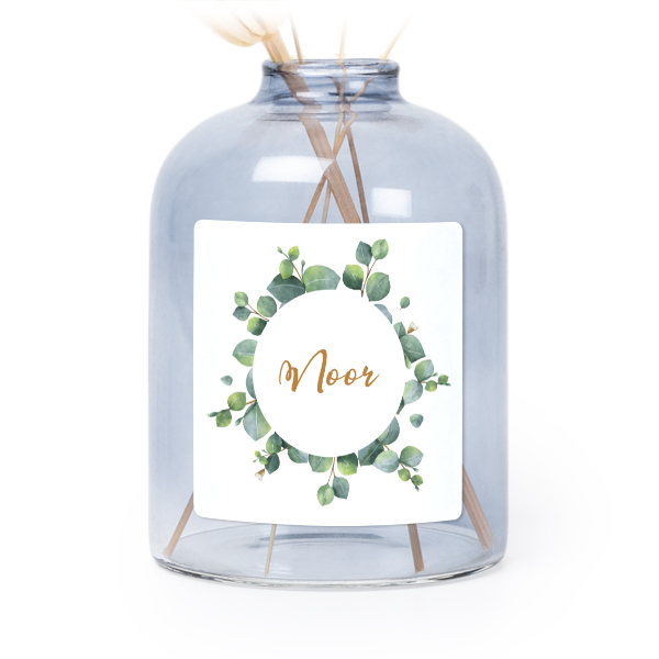 Glazen vaasjes blauw met vierkante sticker - set van 6 Glazen vaasjes blauw met vierkante sticker - set van 6